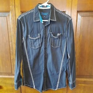 Roar Insightful Signature faded black embroidered button up stretch shirt W90017